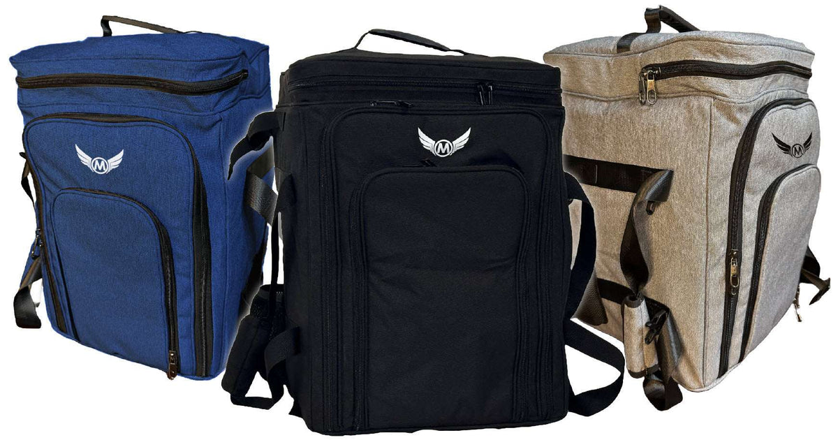 Board game travel bags in blue, black, and tan, each with front zipper pocket