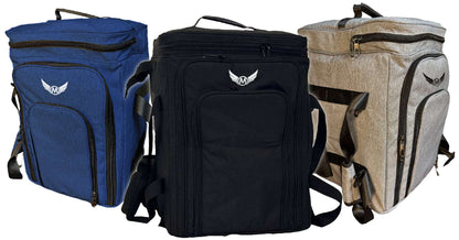 Board game travel bags in blue, black, and tan, each with front zipper pocket