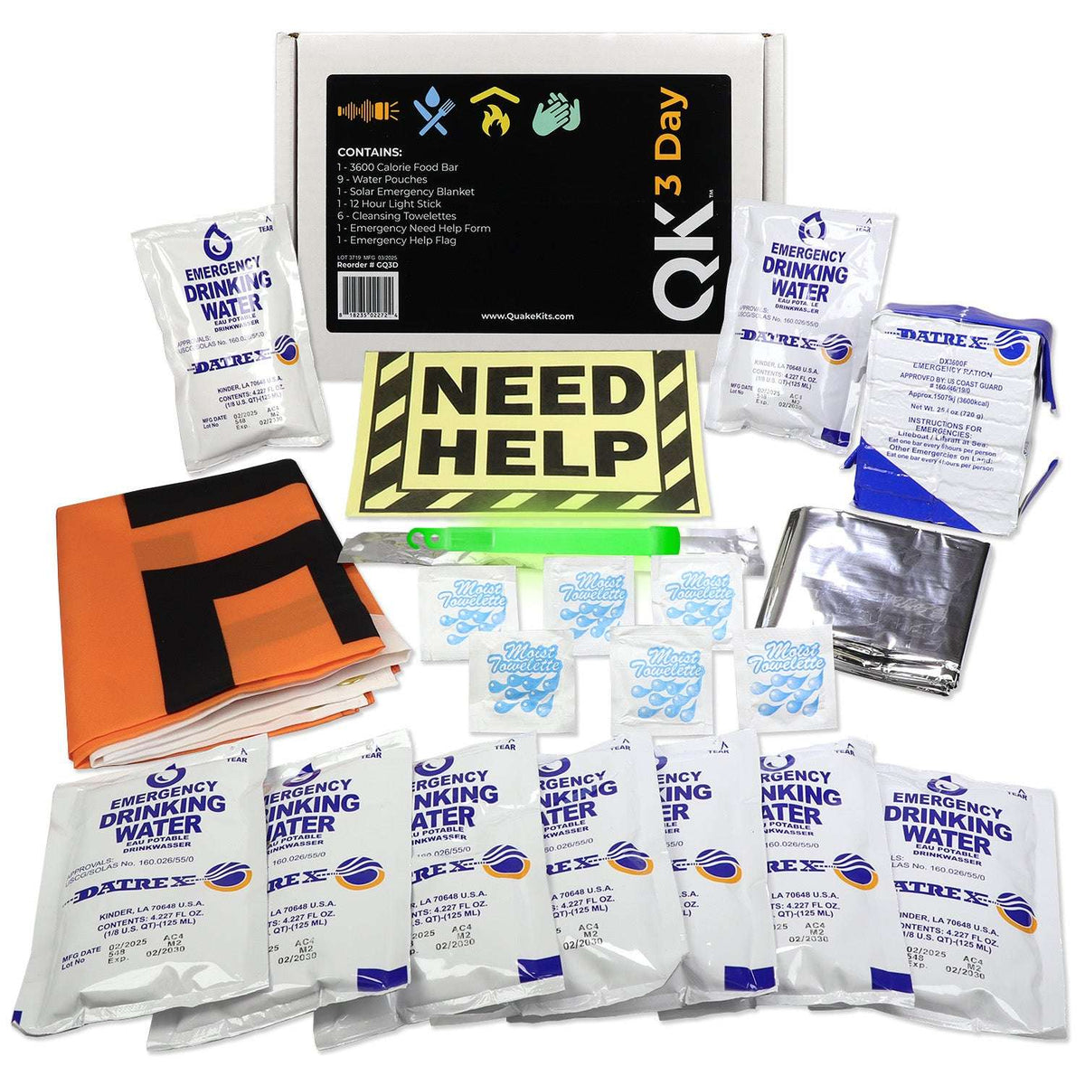 Emergency 3-day survival kit contents: HELP flag, water packets, emergency blanket, hygiene supplies