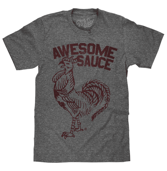 Grey heather T-shirt with distressed rooster 'Awesome Sauce' graphic on front