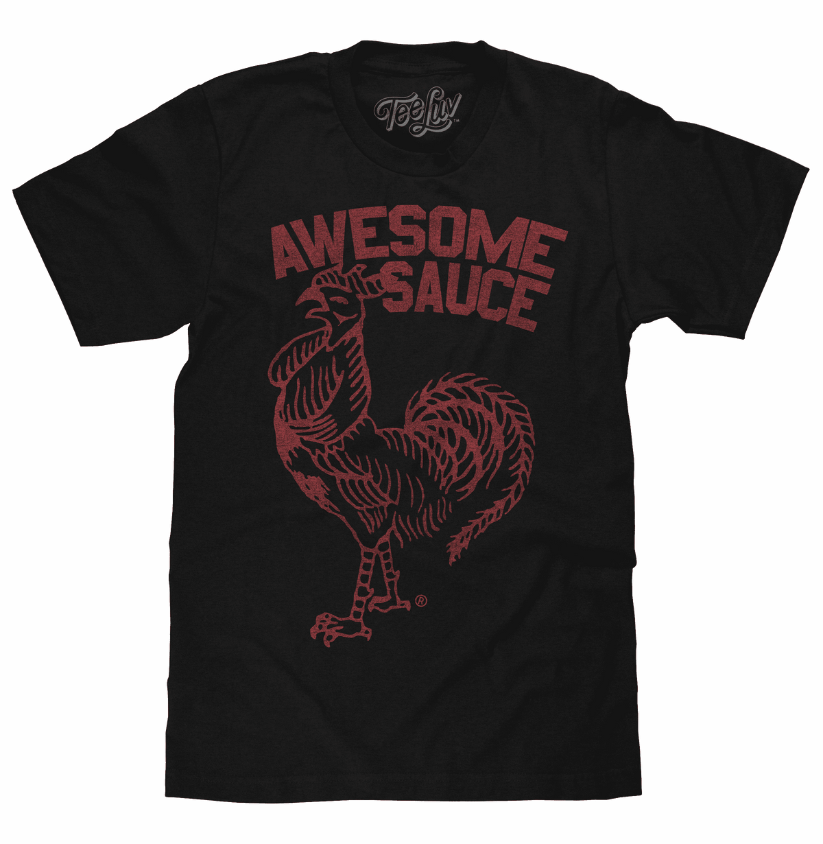 Black T-shirt with red rooster and “Awesome Sauce” graphic, short sleeves