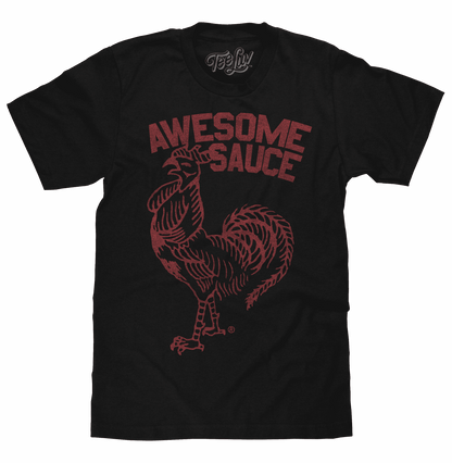 Black T-shirt with red rooster and “Awesome Sauce” graphic, short sleeves