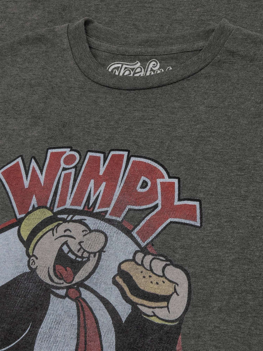 Graphite heather gray T-shirt close-up with 'Wimpy' text and character holding a burger