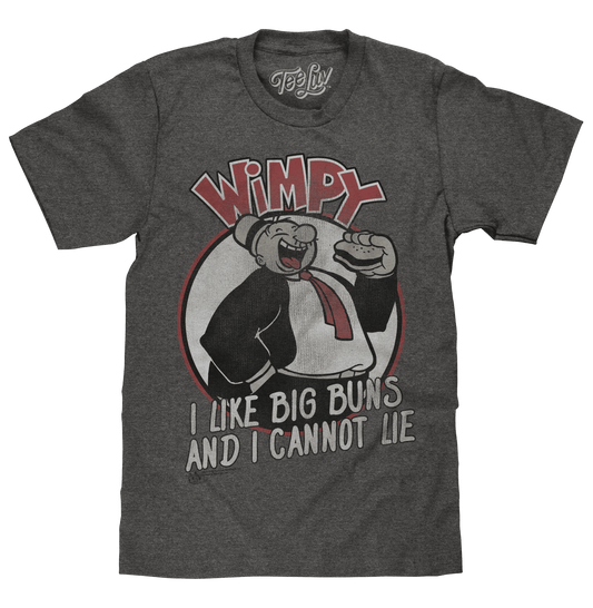 Graphite heather gray T-shirt with retro Wimpy graphic and 'I Like Big Buns' text