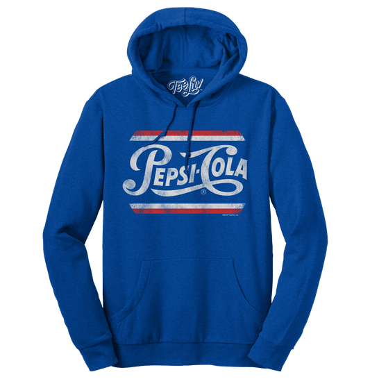 Blue pullover hoodie with front Pepsi Cola retro logo, hood and kangaroo pocket
