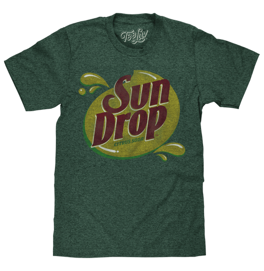 Forest green heather T-shirt with distressed Sun Drop citrus soda logo on front