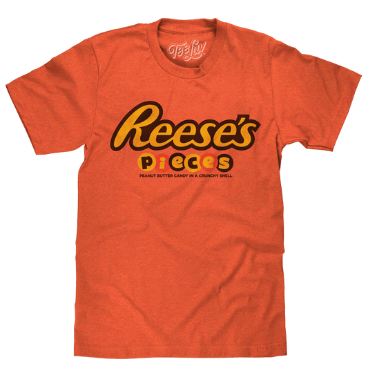 Orange heather T-shirt with Reese's Pieces logo graphic on front