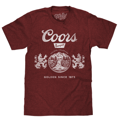 Red Coors Golden, Colorado logo T-shirt with large chest graphic and “Golden Since 1873”.