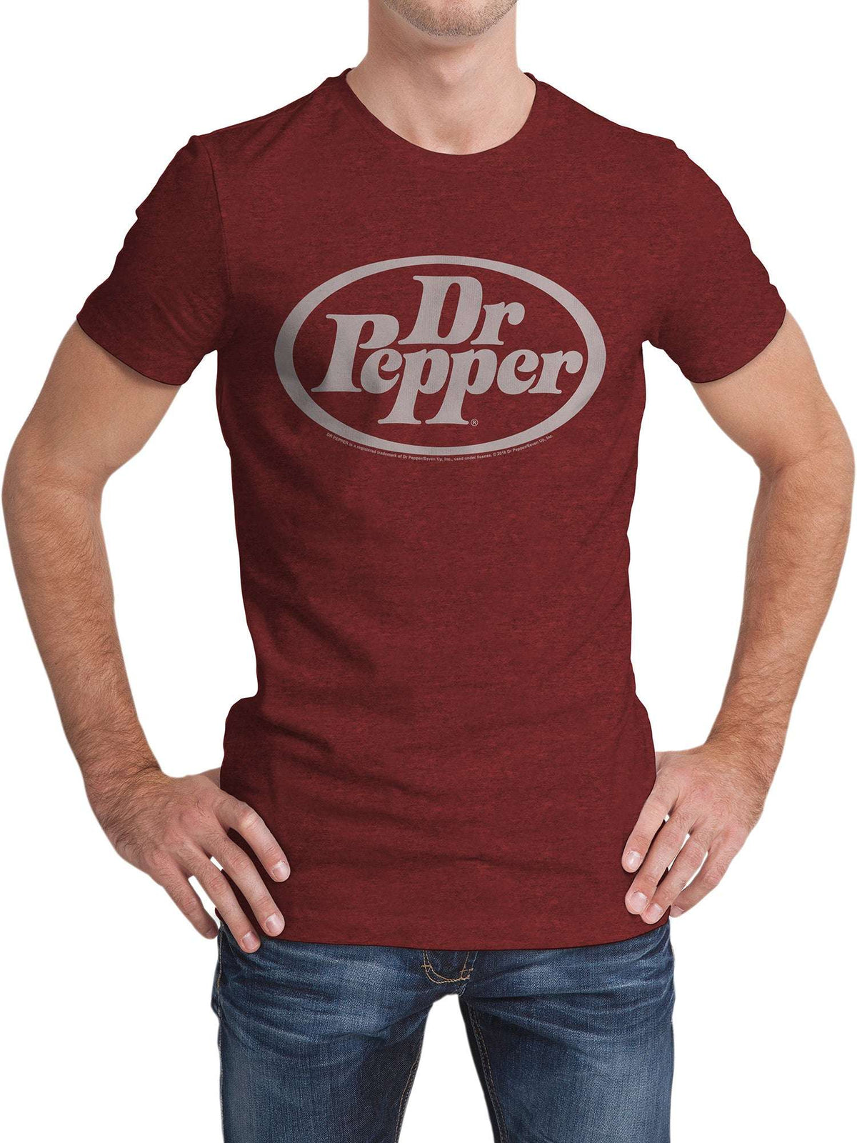 Red graphic T-shirt with Dr Pepper oval logo, short sleeves