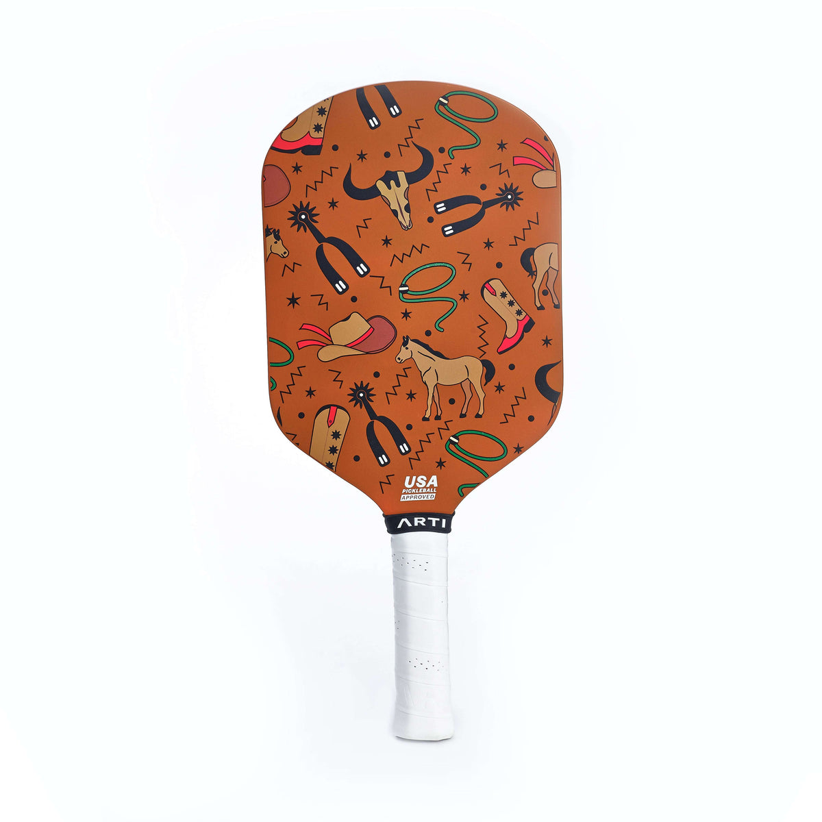 Orange patterned pickleball paddle face with USA mark and white grip