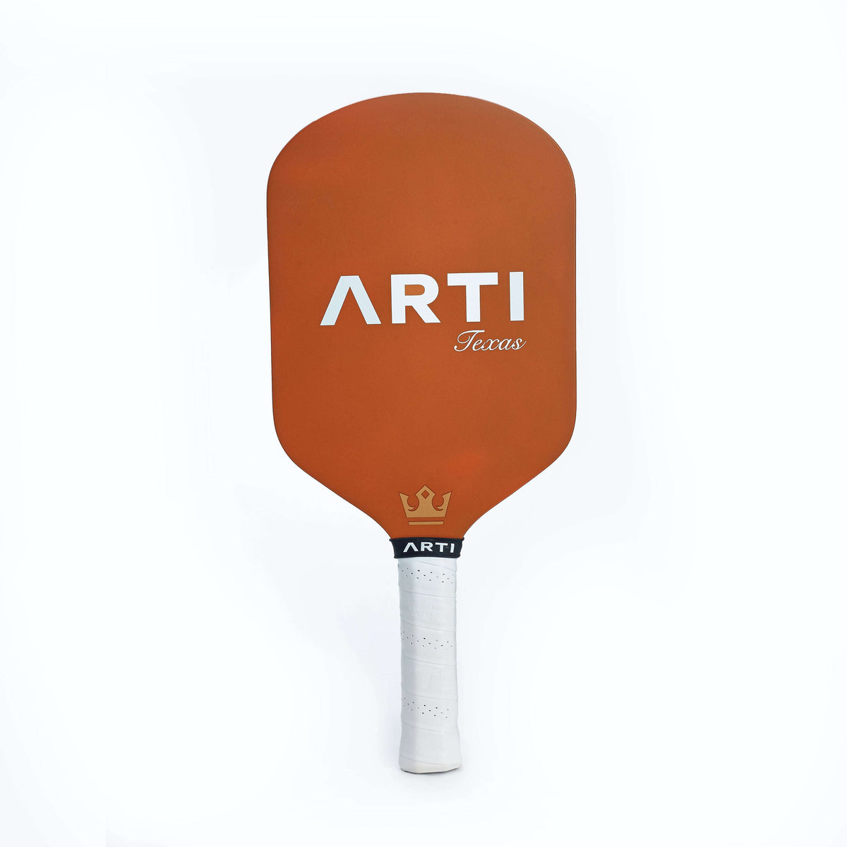 Orange back of pickleball paddle with ARTI Texas logo and white handle