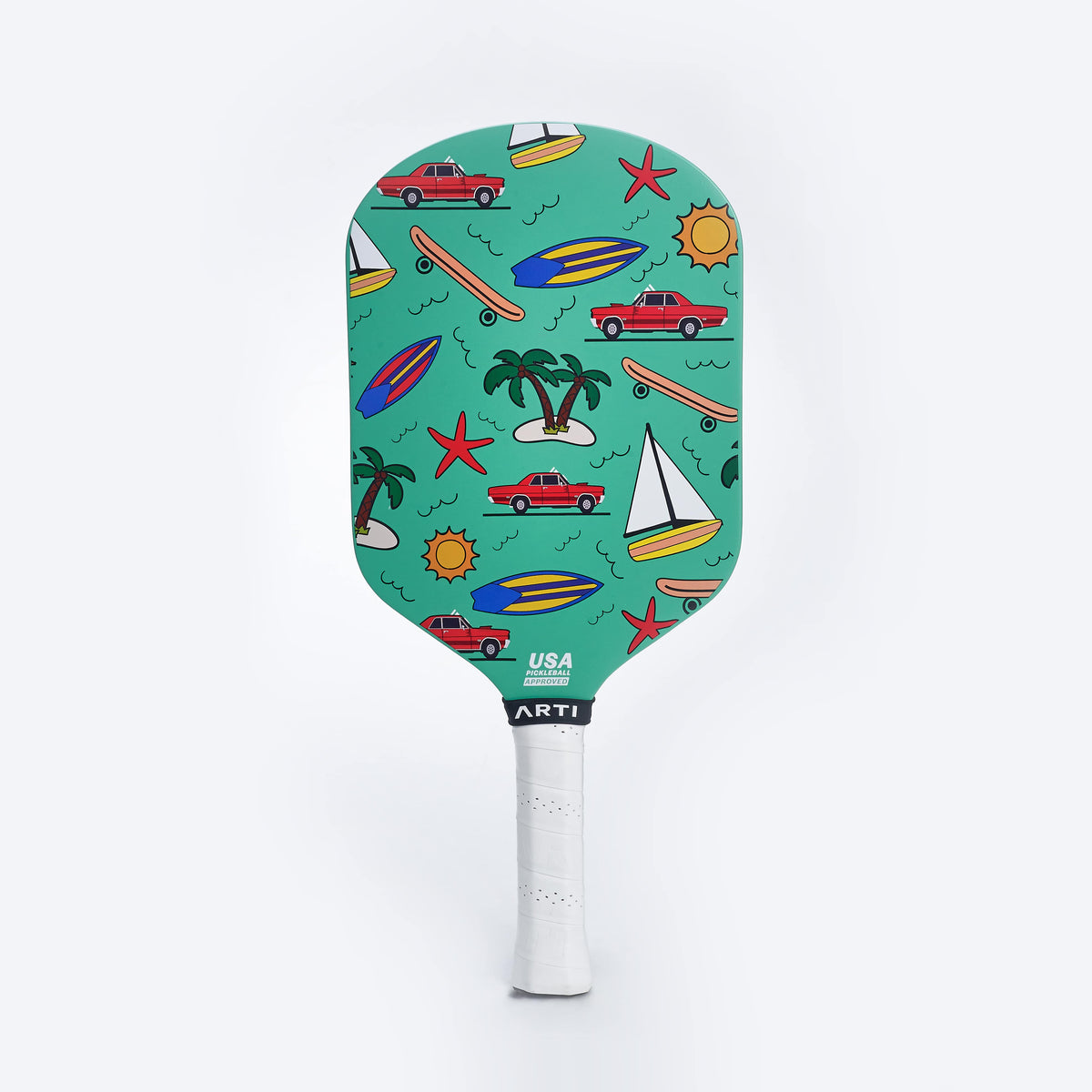 Mint pickleball paddle front view with tropical print face and white grip.