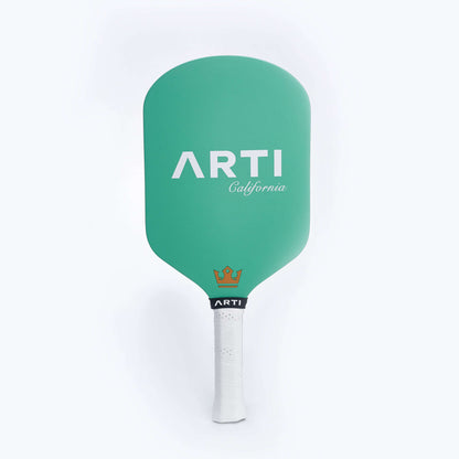 Mint pickleball paddle with ARTl California logo on face and white grip.