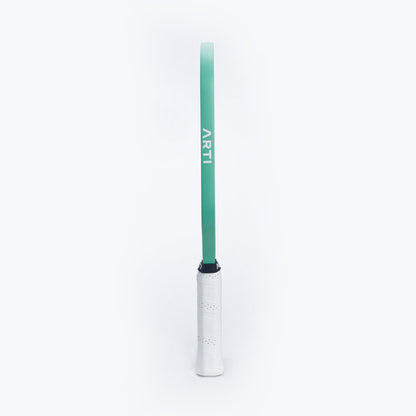 Side view of mint pickleball paddle with white grip and ARTI marking.