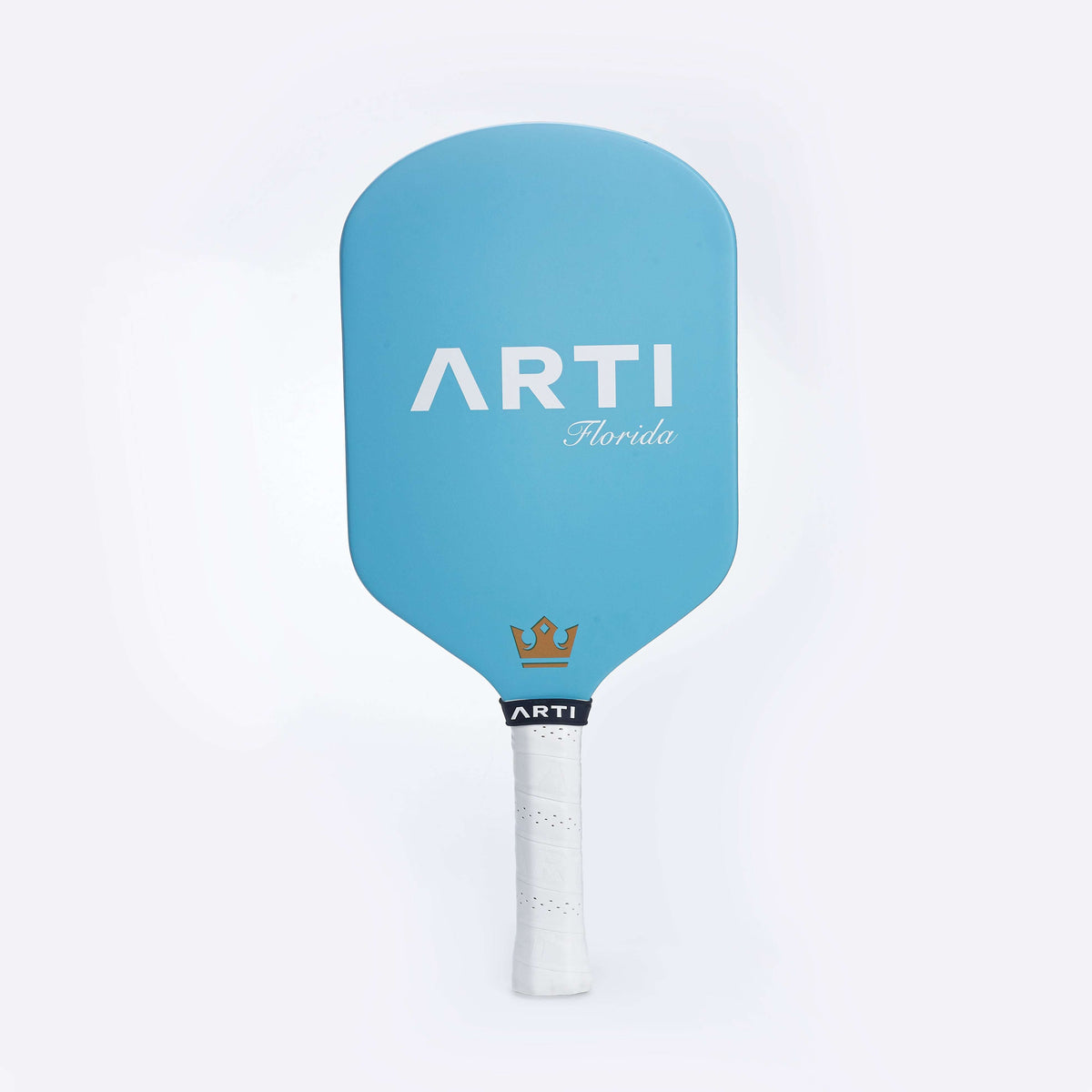 Blue pickleball paddle with ARTI Florida logo