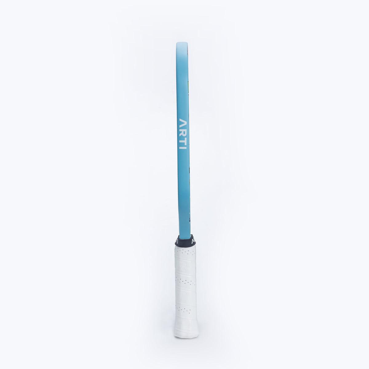 Blue pickleball paddle with carbon fiber face and white perforated grip
