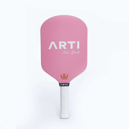 Pink pickleball paddle with ARTI logo and white grip