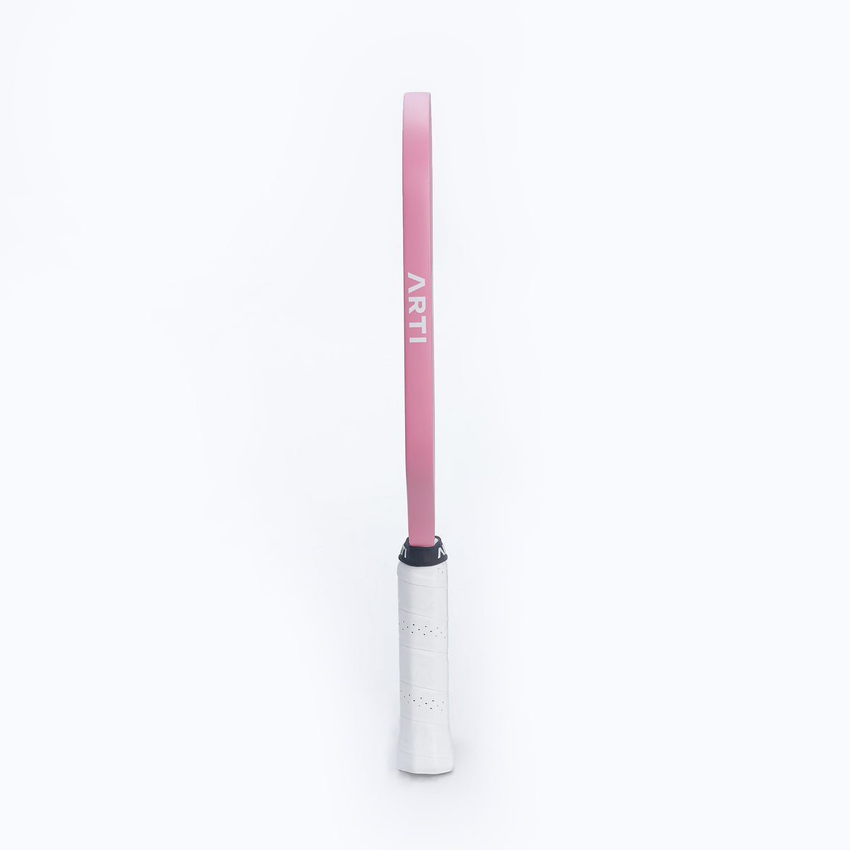 Pink pickleball paddle edge with ARTI text and white grip