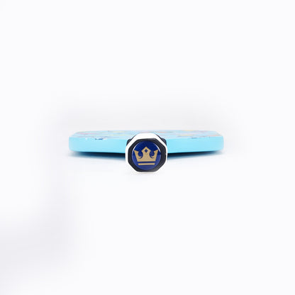 Blue carbon fiber pickleball paddle with hex grip and circular logo