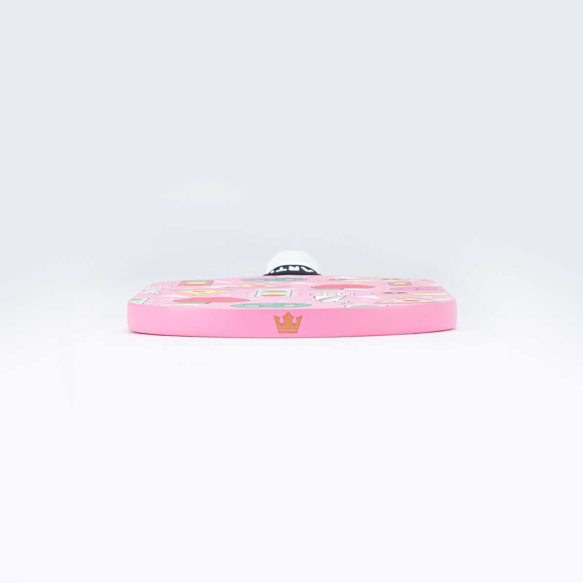 Pink pickleball paddle face with colorful graphics and black edge