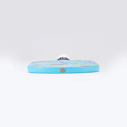 Blue carbon fiber pickleball paddle with crown logo and black grip handle