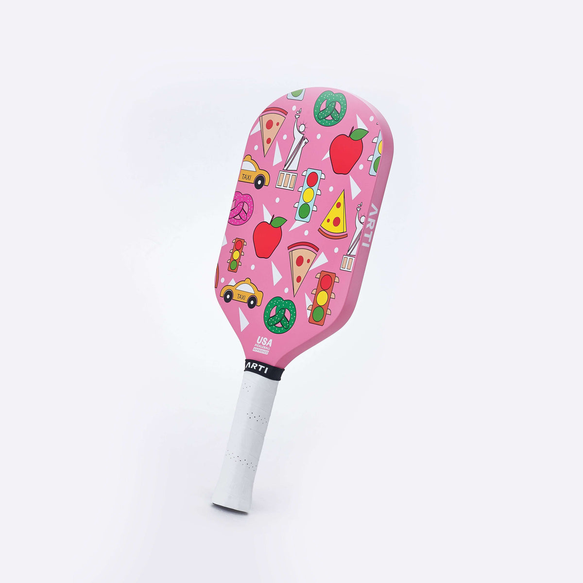 Pink pickleball paddle with full-color pattern on face and white grip