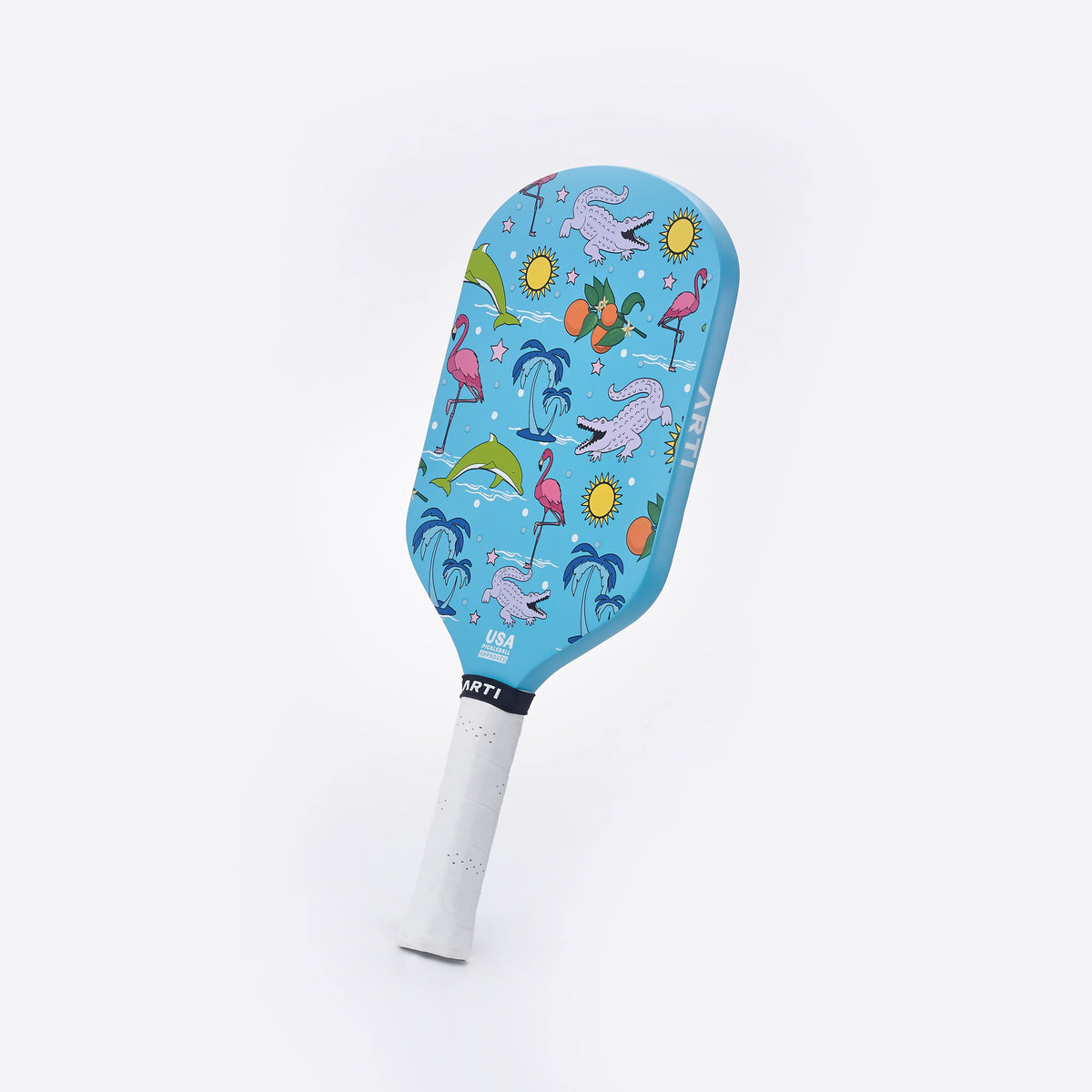 Blue pickleball paddle with colorful dinosaur pattern and white grip