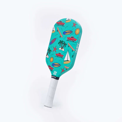 Mint pickleball paddle with tropical graphic face and white grip handle.
