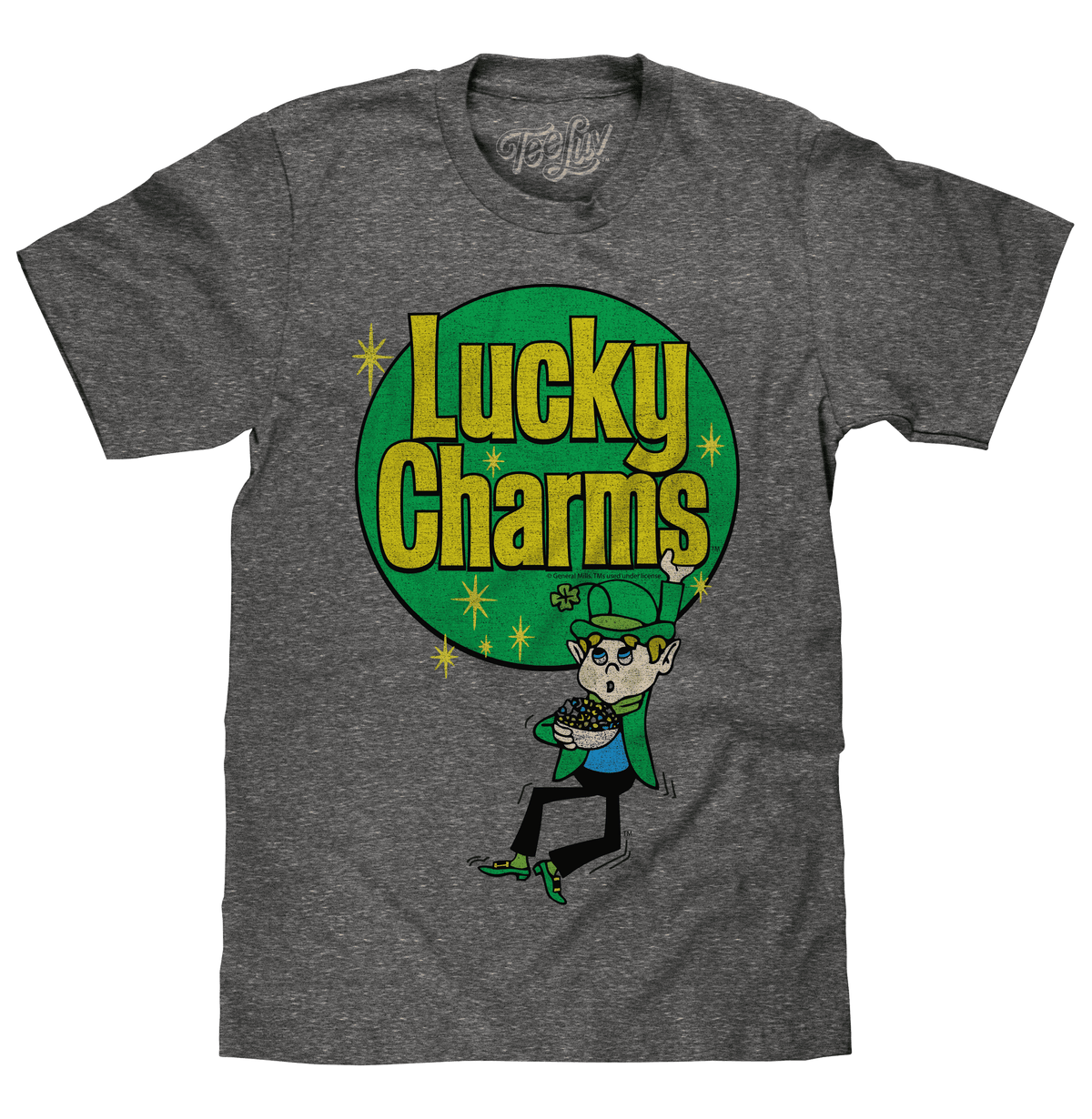 Heather gray T-shirt with Lucky Charms retro logo graphic on front