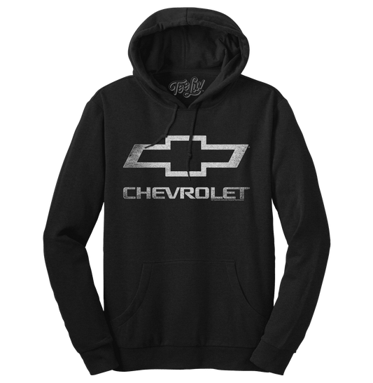 Black pullover hoodie with Chevrolet bowtie logo and front kangaroo pocket