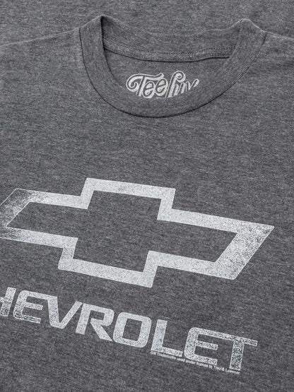 Gray T-shirt close-up of Chevrolet bowtie logo with CHERVEROLET lettering