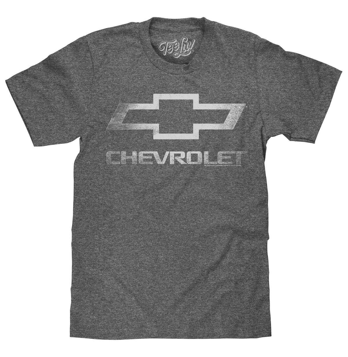 Gray T-shirt with large Chevrolet bowtie logo and CHERVEROLET text graphic