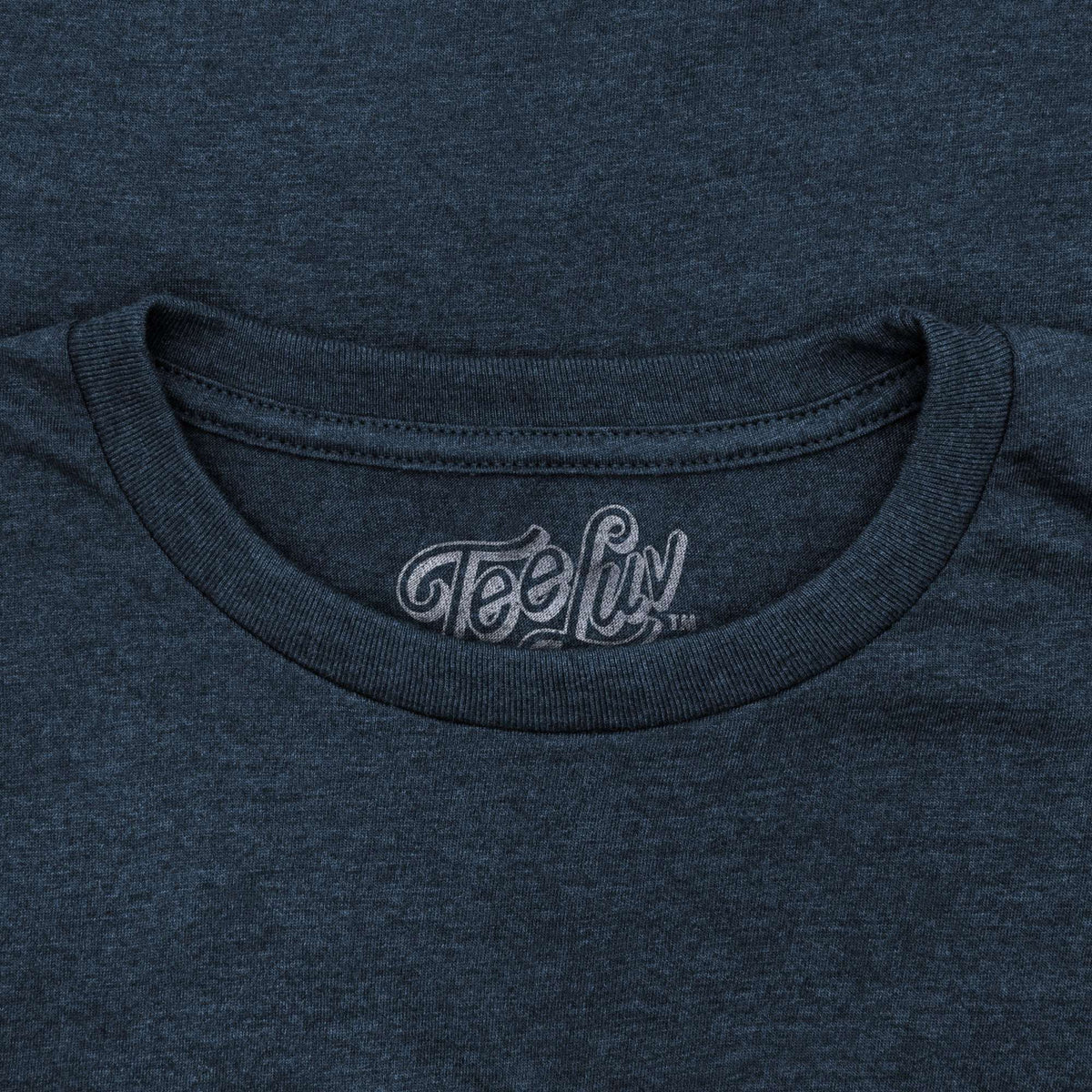 Navy heather crew-neck T-shirt with Tee-Luv logo on the inside neckline