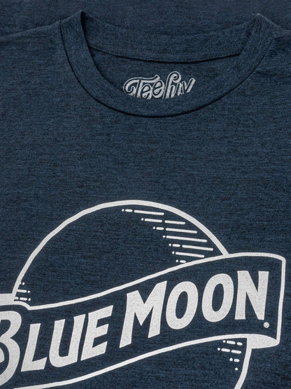 Navy heather T-shirt chest close-up with Blue Moon logo and Tee-Luv neck label