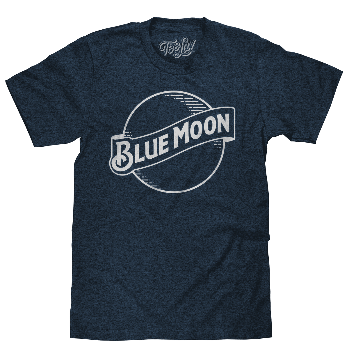 Navy heather crew-neck T-shirt with large Blue Moon logo graphic on chest