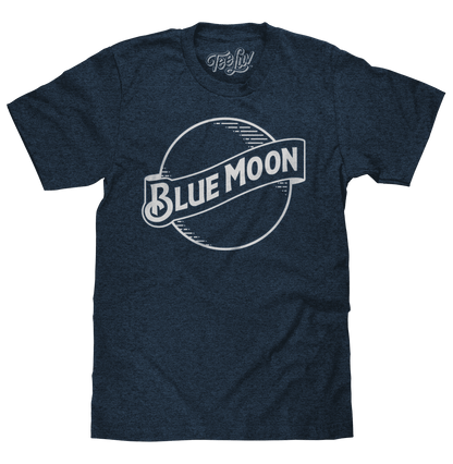 Navy heather crew-neck T-shirt with large Blue Moon logo graphic on chest