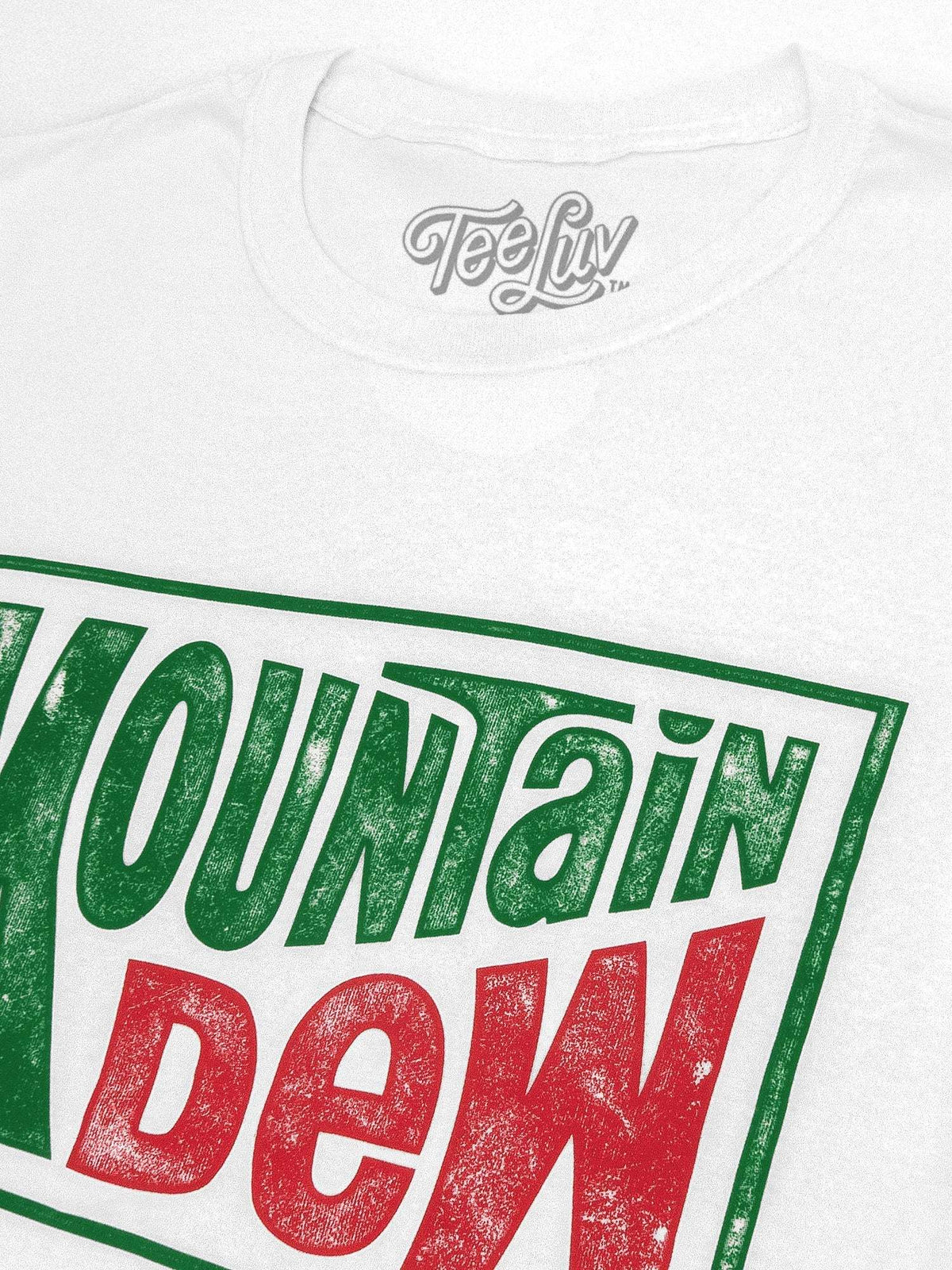 White T-shirt front showing Mountain Dew retro logo with green frame and red text