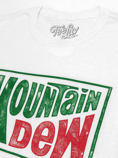 White T-shirt front showing Mountain Dew retro logo with green frame and red text