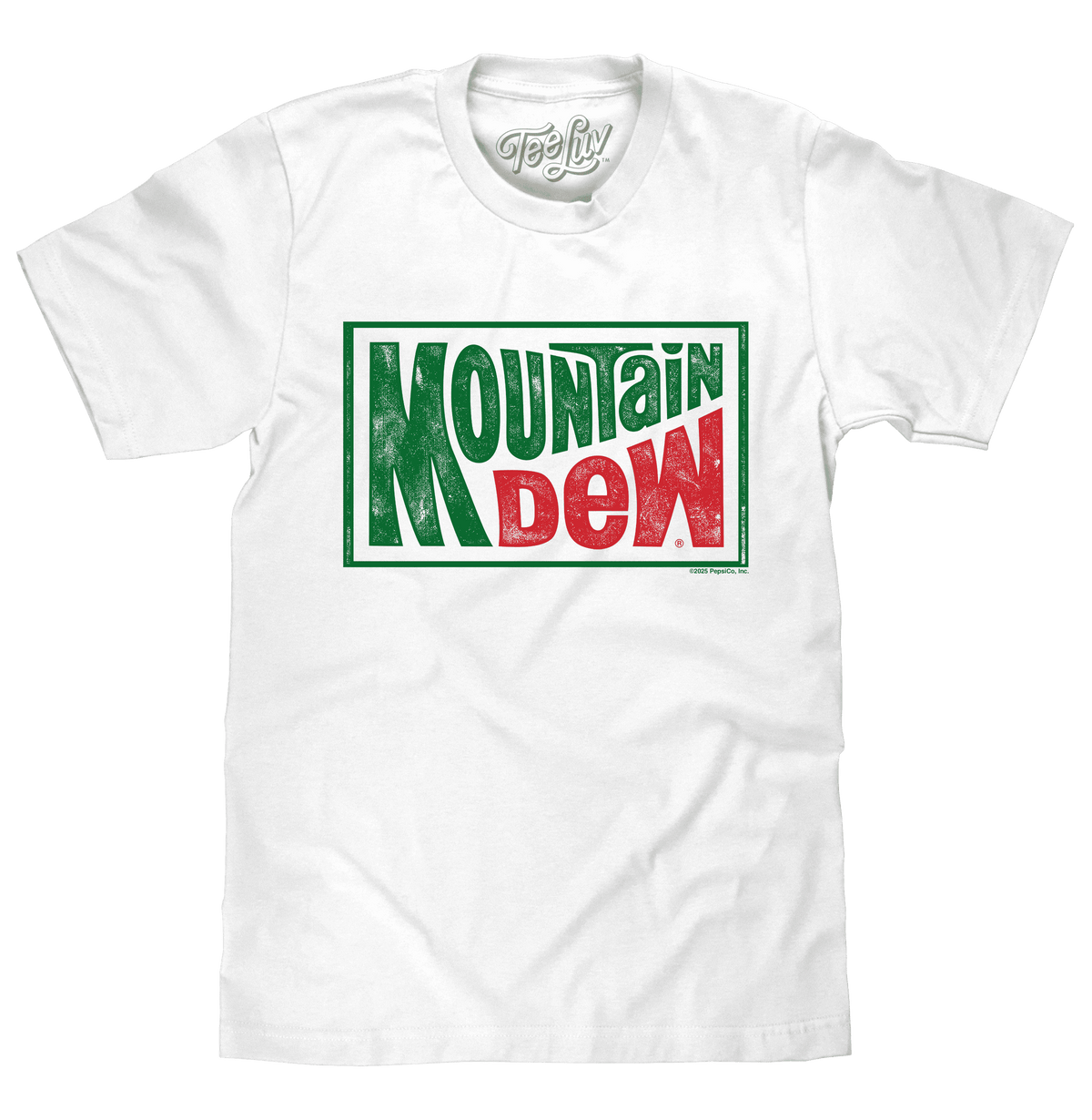 White T-shirt with large retro Mountain Dew logo graphic on the front