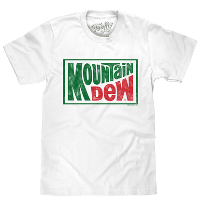 White T-shirt with large retro Mountain Dew logo graphic on the front