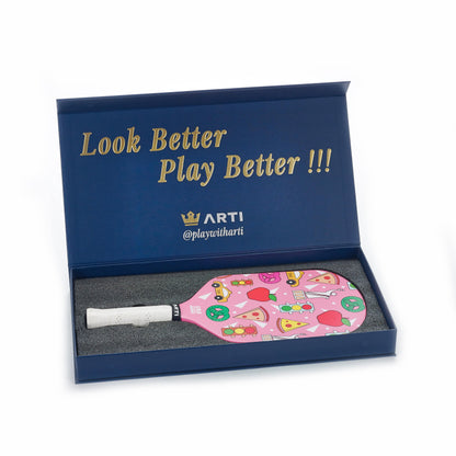 Pink pickleball paddle gift set in box, with patterned face and white grip
