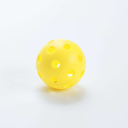 Bright yellow pickleball ball with circular perforations
