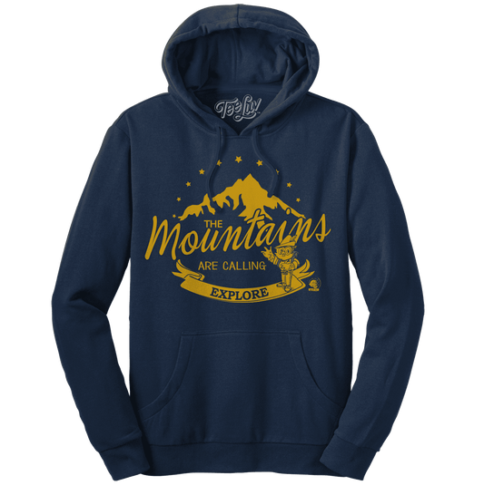 Navy heather pullover hoodie with mountains are calling graphic and kangaroo pocket