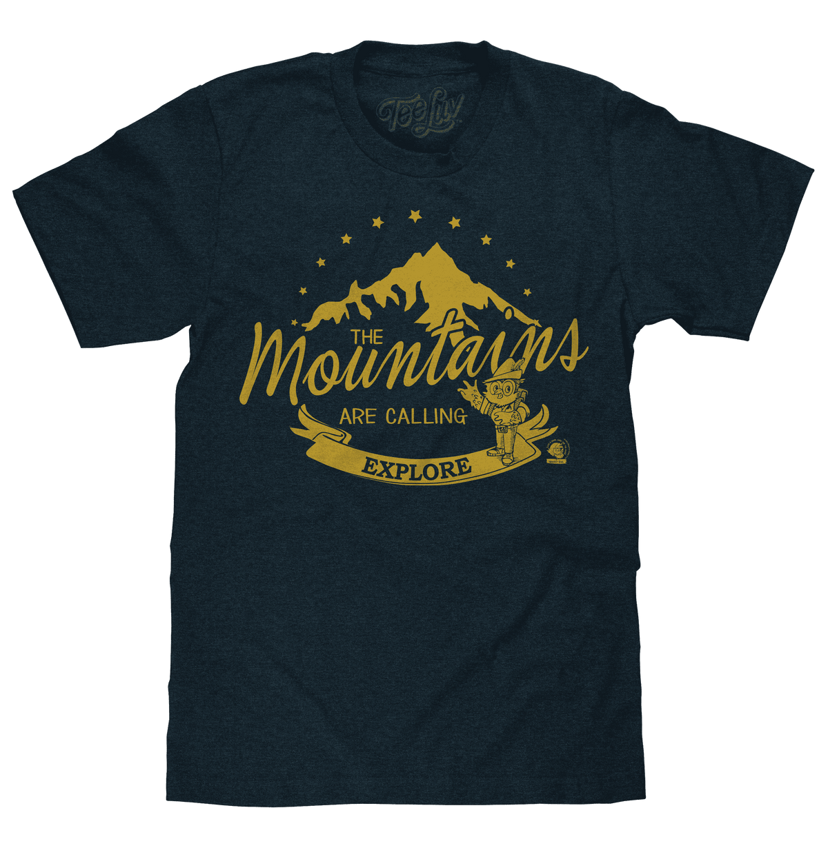 Navy graphic T-shirt with mountain owl design in yellow and white lettering