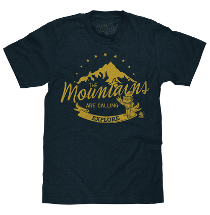 Navy graphic T-shirt with mountain owl design in yellow and white lettering