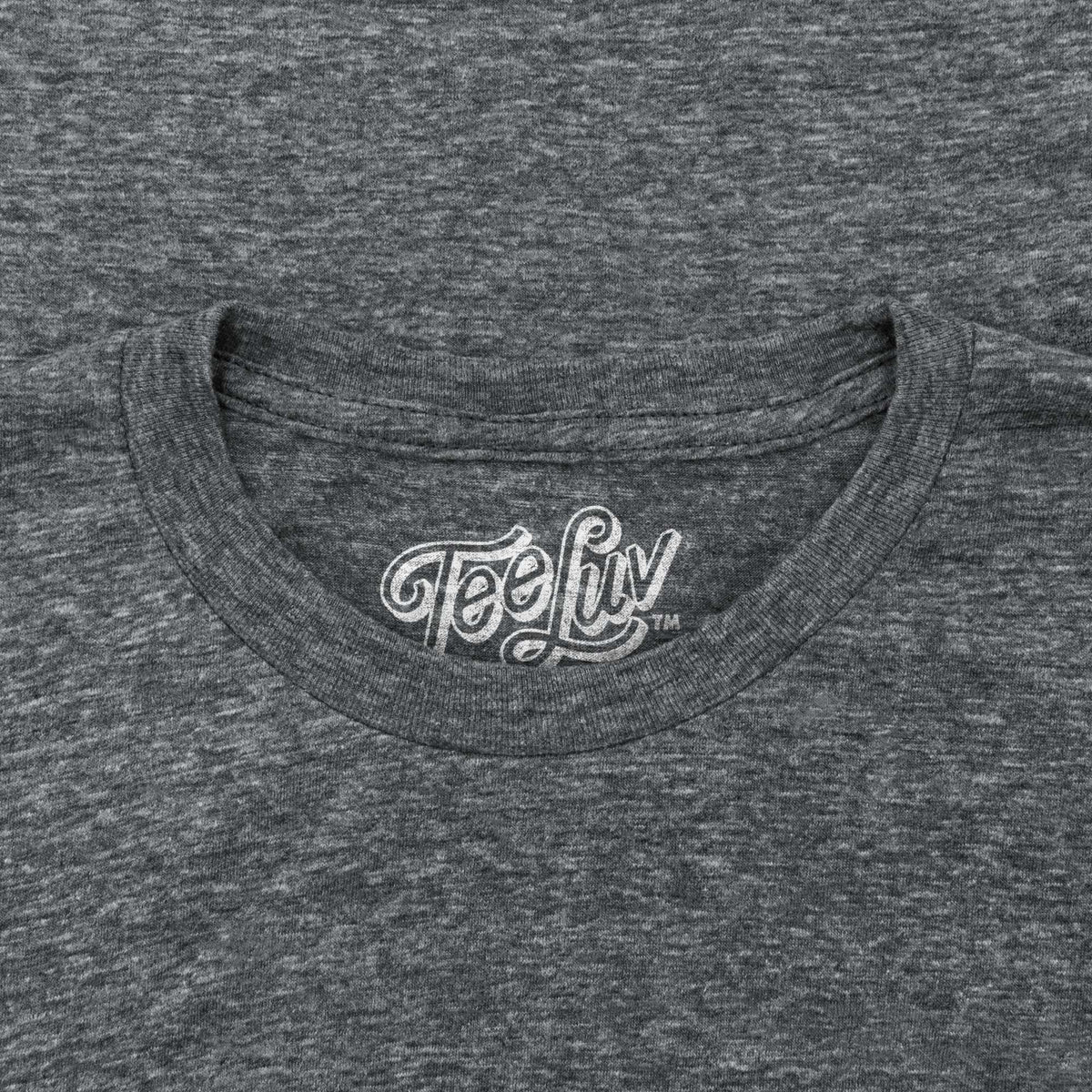 Gray T-shirt crew neck with Teeluv logo patch label