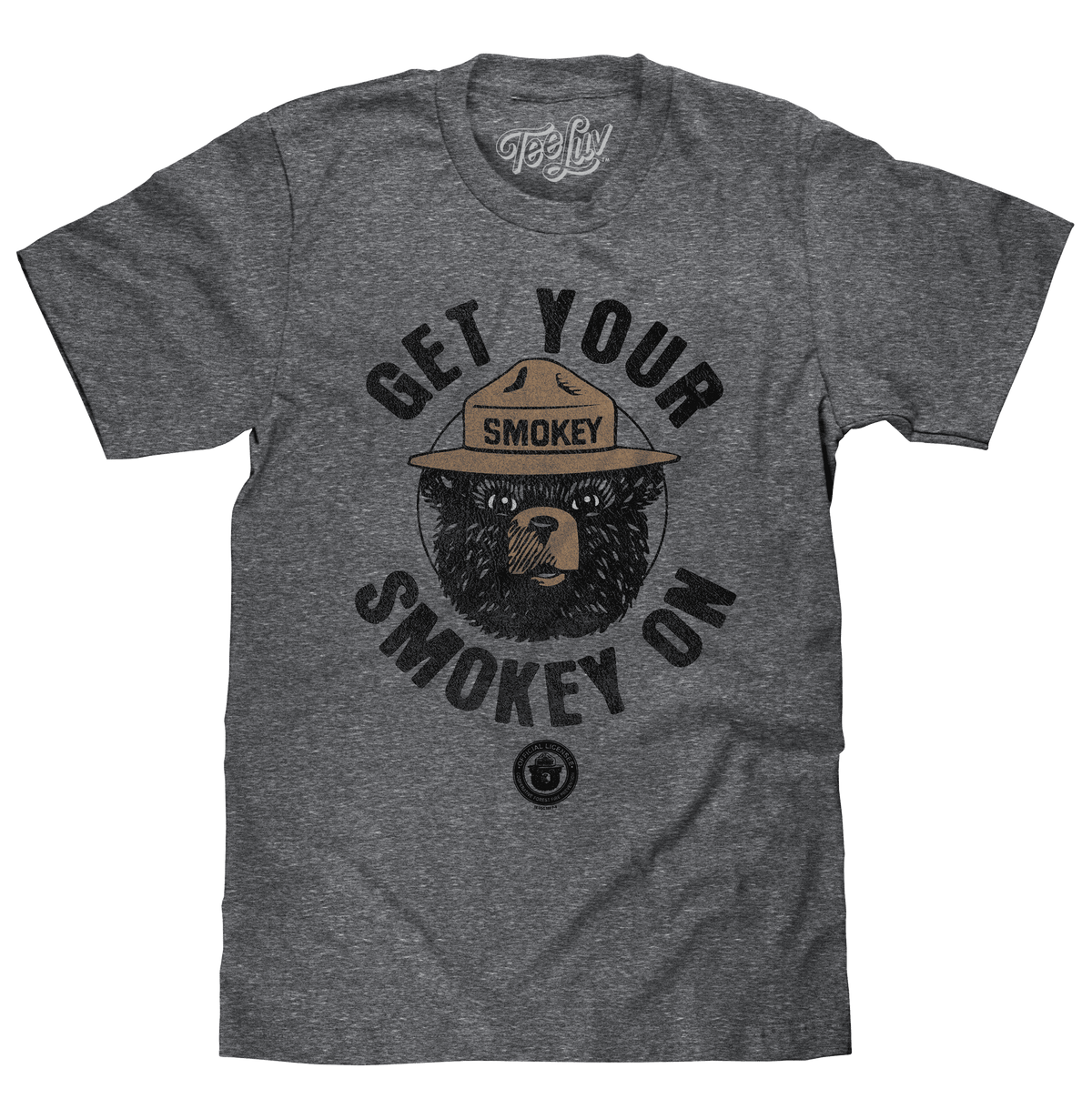 Gray T-shirt with Smokey-themed graphic and 'Get Your Smokey On' text on chest