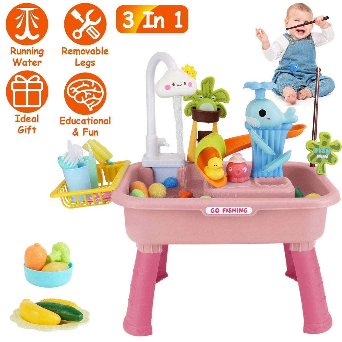 3-in-1 toy sink with sea-animal characters, faucet, and removable legs