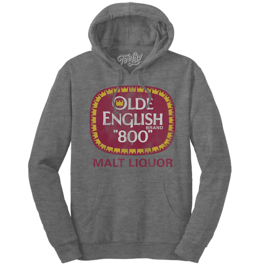Oxford gray pullover hoodie with front 'Olde English 800' graphic and pocket