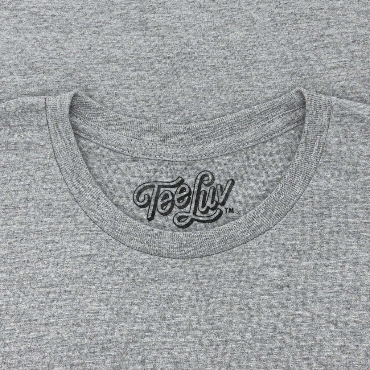 Gray crew-neck T-shirt with Tee Luv logo at neckline